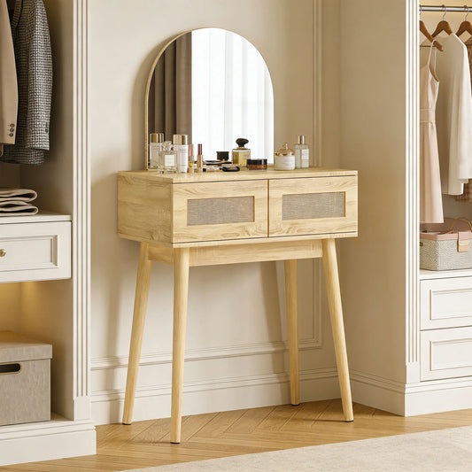 Vanity Desk With Mirror, 2 Drawers, Natural Wood Dressing & Vanity Tables Natural at Gallery Canada