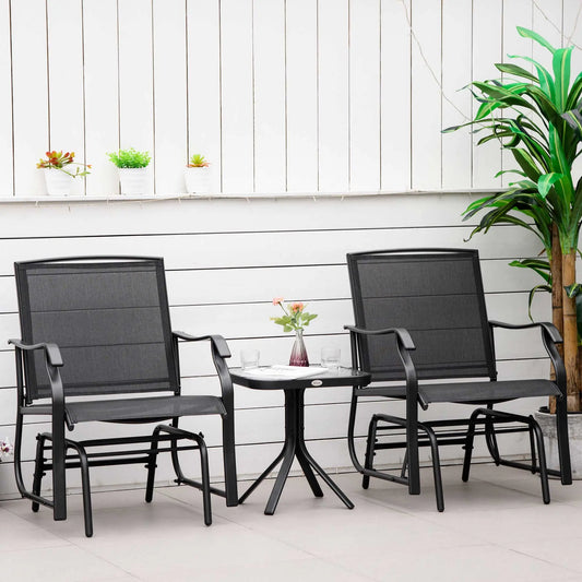 3 Piece Patio Glider Set, Breathable Mesh Seat, Glass Top Table, Black Outdoor Gliders Black Frame, Black Fabric at Gallery Canada