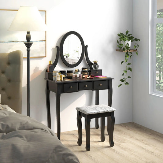 Wooden Vanity Table, 360° Rotating Oval Mirror, 5 Drawers, Padded Stool, Black Dressing & Vanity Tables Black at Gallery Canada