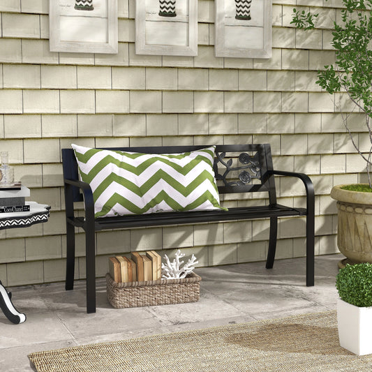 50" Outdoor Bench, Metal Frame Patio Loveseat, Floral Backrest, Black Outdoor Benches Black at Gallery Canada