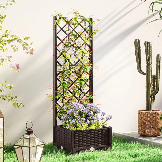 Raised Garden Bed with Trellis, Plastic, 16" x 16" x 48", Drainage Holes Raised Garden Beds Brown at Gallery Canada