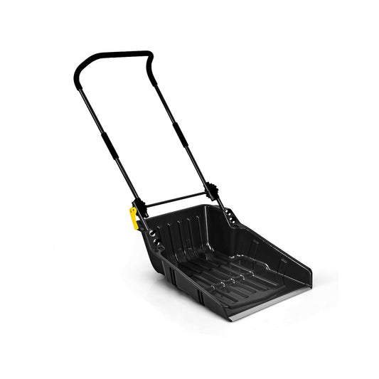 Folding Snow Pusher Scoop Shovel with Wheels and Handle, Black
