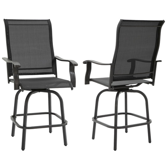 Outdoor Bar Stools Set of 2, Swivel Bar Height Chairs with High Back, Curved Armrests and Steel Frame for Balcony, Black - Gallery Canada