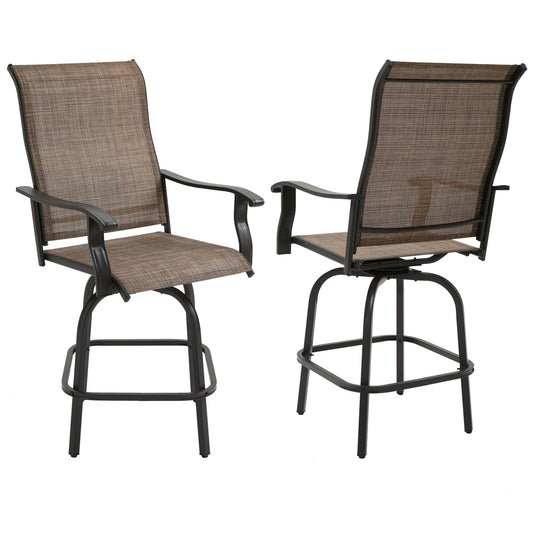 Outdoor Bar Stools Set of 2, Swivel Bar Height Chairs with High Back, Curved Armrests and Steel Frame for Balcony, Brown at Gallery Canada