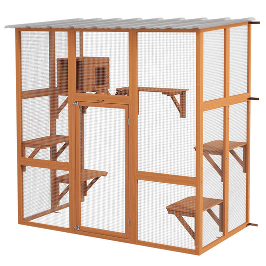 Outdoor Cat Enclosure Window Box with Weatherproof Roof, Bridge, Resting Box, Platforms, for 2 Kittens, Orange - Gallery Canada