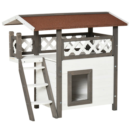 Outdoor Cat House, 2-Story Shelter for Feral Cats, Wooden Kitten Condo with Asphalt Roof, Stairs, Balcony, 30" x 20" x 29" - Gallery Canada