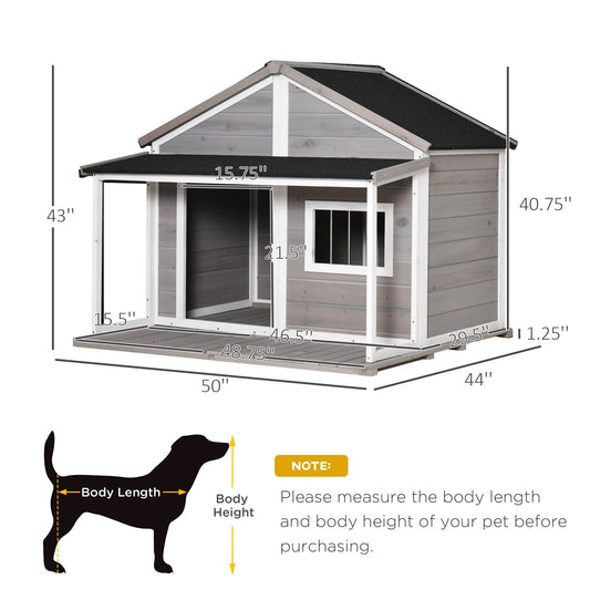 Outdoor Dog House Cabin Style, Wooden Raised Pet Kennel with Asphalt Roof, Front Door, Side Windows, Deck for Medium/Large Dogs, 53 Lbs., Grey - Gallery Canada