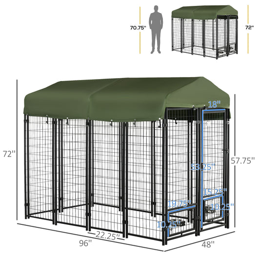 Outdoor Dog Kennel, Lockable Pet Playpen Crate, Welded Wire Steel Fence, Rotating Bowl Holders, Green - Gallery Canada