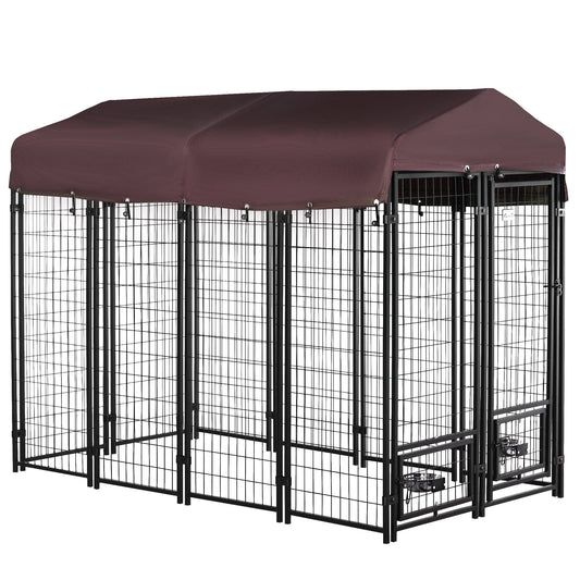 Outdoor Dog Kennel, Lockable Pet Playpen Crate, Welded Wire Steel Fence, Rotating Bowl Holders, Red - Gallery Canada