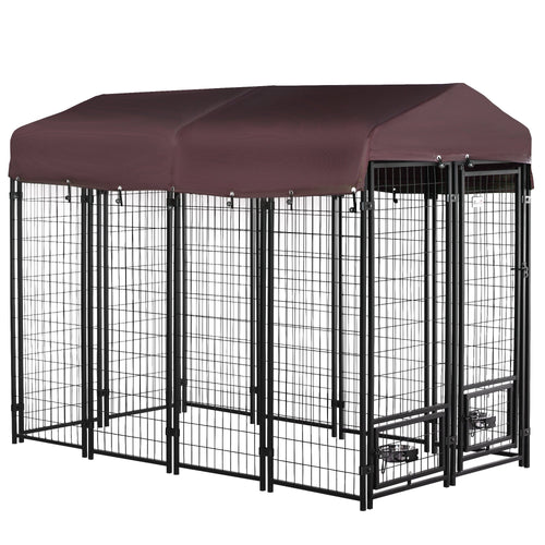 Outdoor Dog Kennel, Lockable Pet Playpen Crate, Welded Wire Steel Fence, Rotating Bowl Holders, Red