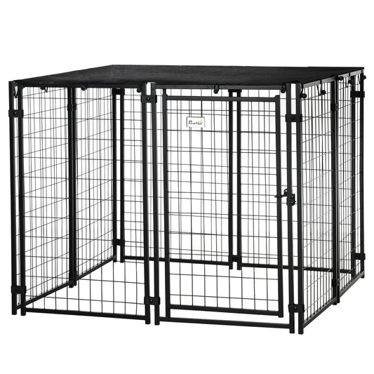 Outdoor Dog Kennel, Lockable Pet Playpen Crate with Top Cover, Black - Gallery Canada