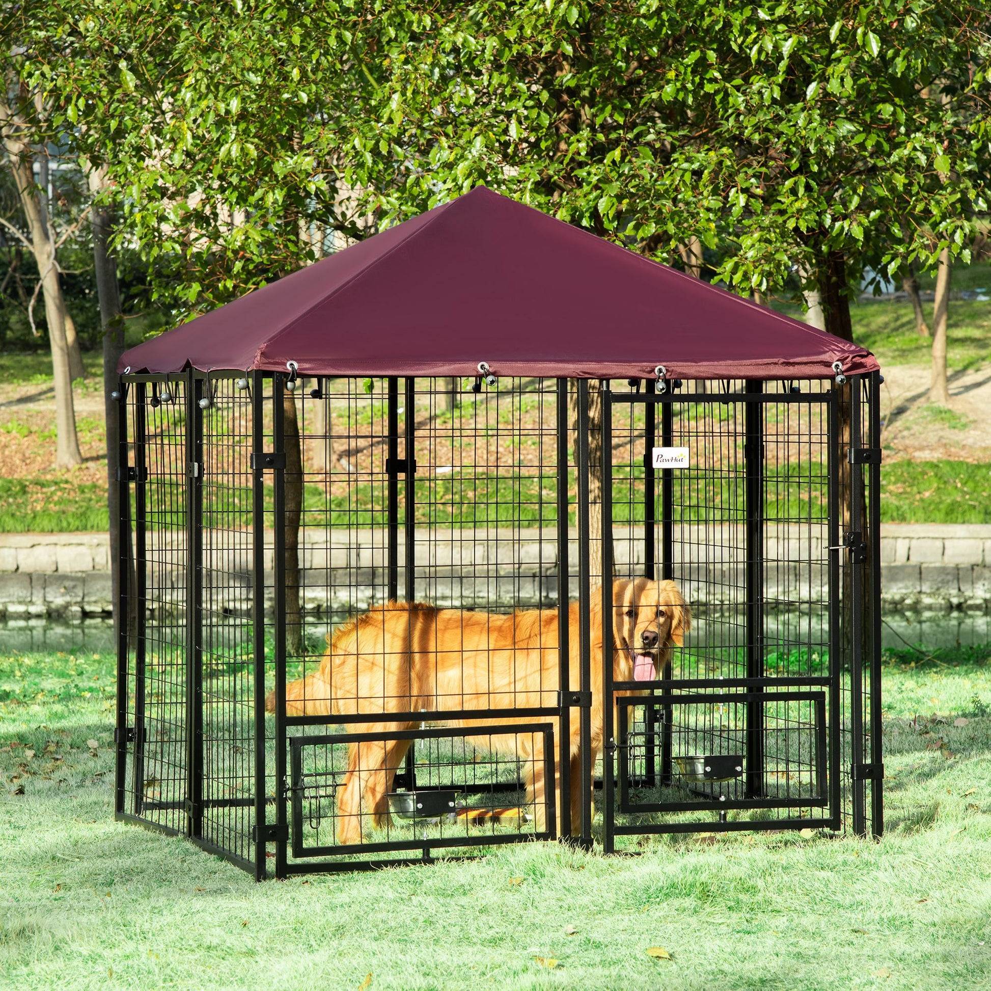Outdoor Dog Kennel, Welded Wire Steel Fence, Lockable Pet Playpen Crate, with Water-, UV-Resistant Canopy Top, Door, Rotating Bowl Holders, 4.6ft x 4.6ft x 5ft at Gallery Canada