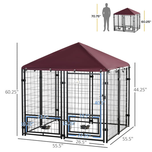 Outdoor Dog Kennel, Welded Wire Steel Fence, Lockable Pet Playpen Crate, with Water-, UV-Resistant Canopy Top, Door, Rotating Bowl Holders, 4.6ft x 4.6ft x 5ft - Gallery Canada