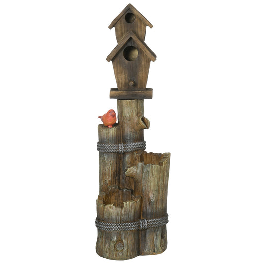Outdoor Fountain, Garden Waterfall with Birdhouse, 3-Tier Tree Trunk Design, LED Lights for Porch, Deck, Yard, Brown - Gallery Canada