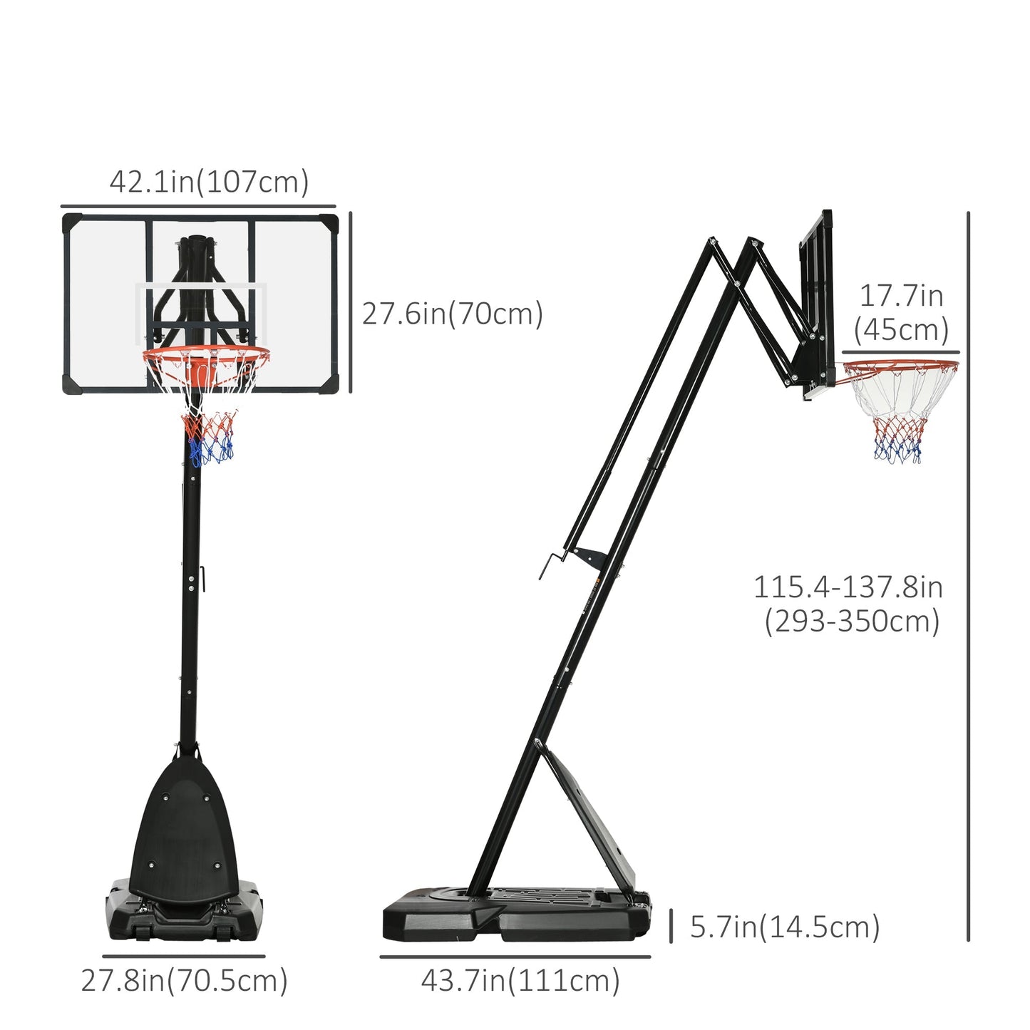 Outdoor Portable Basketball Hoop and Stand with Backboard Weighted Base Wheels, 115.4"-137.8" Height Adjustable at Gallery Canada