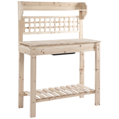 Outdoor Potting Bench with Sliding Tabletop, Storage Shelf and Dry Sink, 2-Level Gardening Table, Wooden Workstation for Greenhouse, Garden, Patio, Natural at Gallery Canada