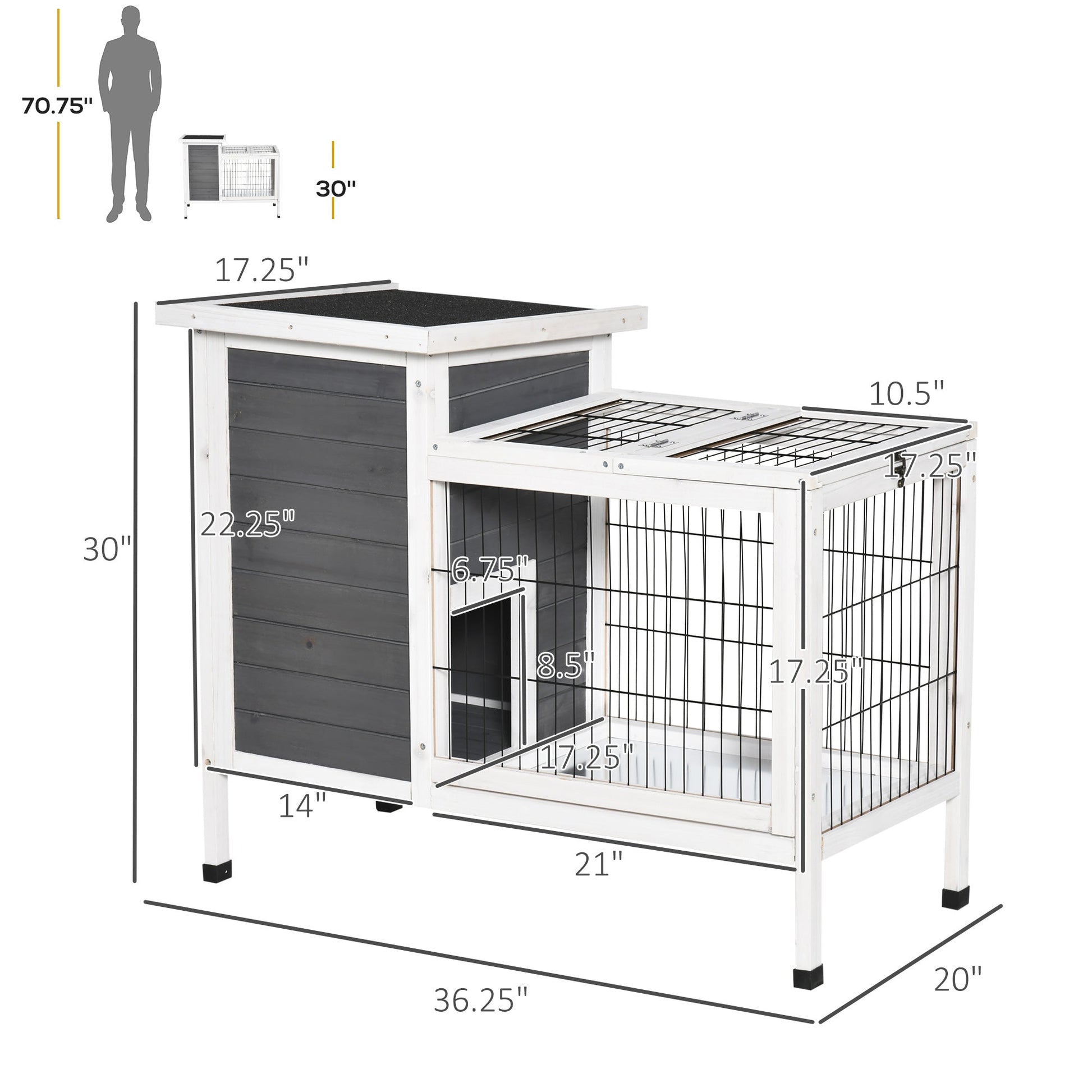 Outdoor Rabbit Hutch Wooden Bunny Hutch Rabbit Litter Box with Run,Open Roof, 36.25"L x 20"W x 30"H, Grey/White at Gallery Canada