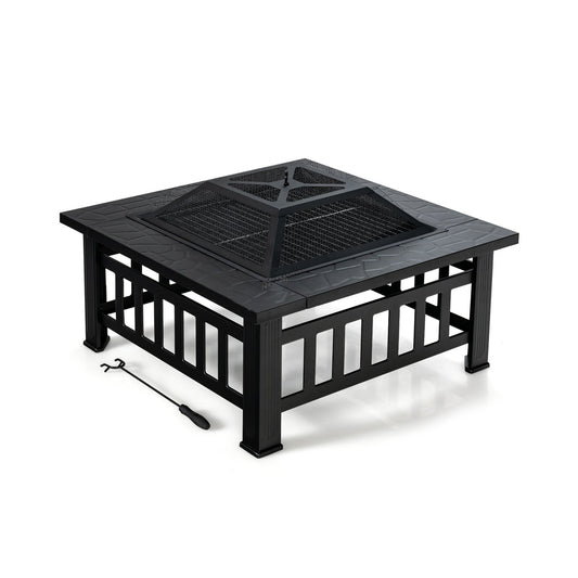 32 Inch 3 in 1 Outdoor Square Fire Pit Table with BBQ Grill and Rain Cover for Camping, Black
