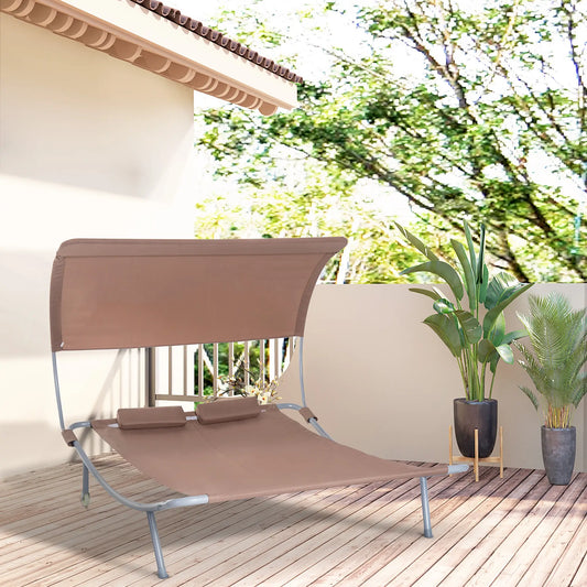 79" Outdoor Lounge Chair with Canopy, Double Chaise Lounger, Brown Lounger Chairs Brown at Gallery Canada