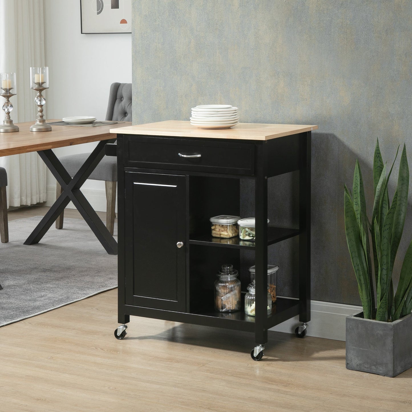 Rolling Kitchen Cart with Wood Top and Drawer, Kitchen Island on Wheels for Dining Room, Black | Aosom Canada at Gallery Canada