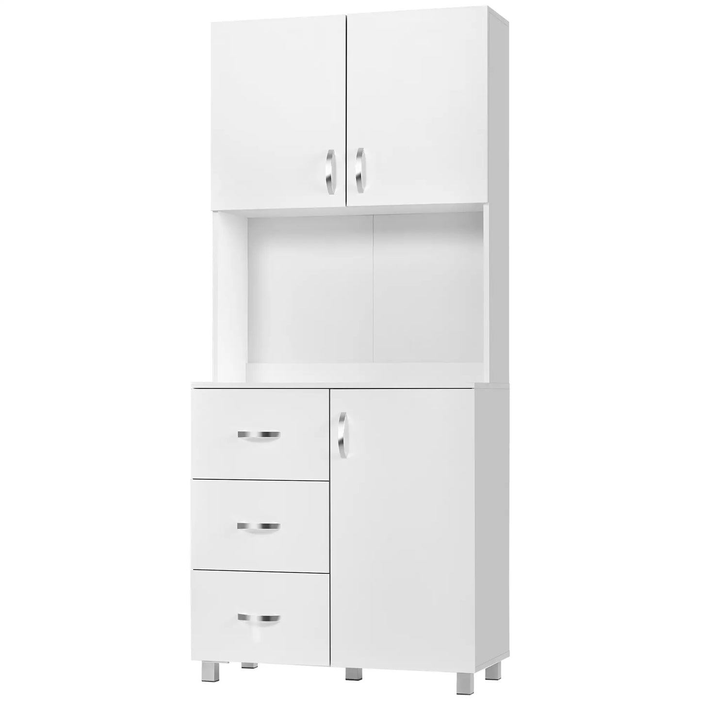 Freestanding Kitchen Buffet, Hutch Storage, 2 Door Cabinets, 3 Drawers, White
