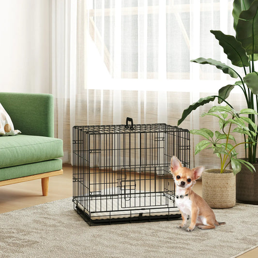 24" Dog Crate, 2 Doors, Folding Metal Cage, Removable Tray, Black