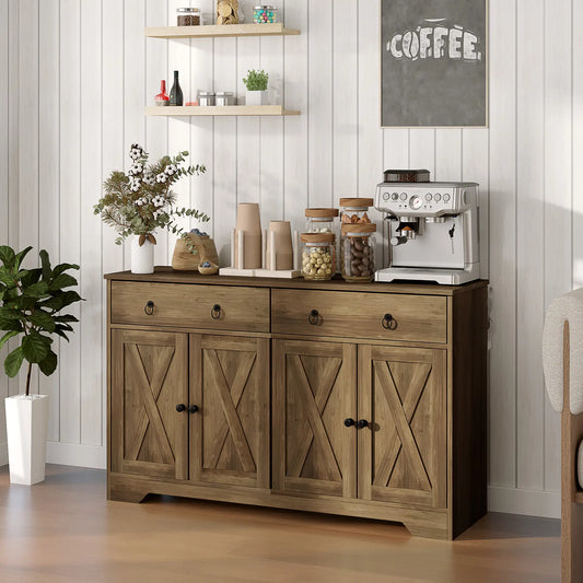 Sideboard Cabinet, 2 Drawers, 4 Barn Doors, 2 Adjustable Shelves, Light Brown Bar Cabinets Light Brown at Gallery Canada
