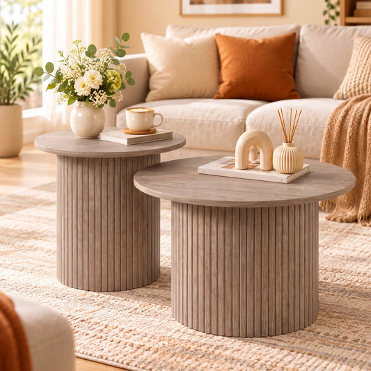 Round Nesting Coffee Table Set of 2, Fluted Mid Century Side Tables Coffee Tables Options at Gallery Canada