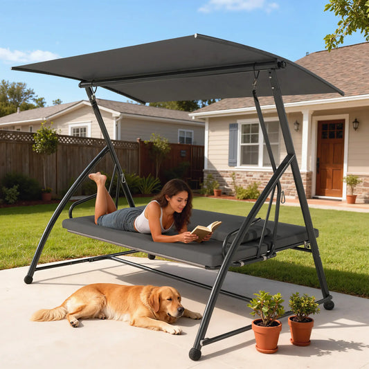 3 Person Patio Swing Chair, Convertible Hammock, Outdoor Lounge Bed, Dark Grey Porch Swings with Canopy Dark Grey at Gallery Canada