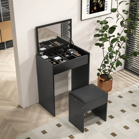 Modern Vanity Set, Makeup Table with Cushioned Stool, Flip Top Mirror, Black Dressing & Vanity Tables Black at Gallery Canada