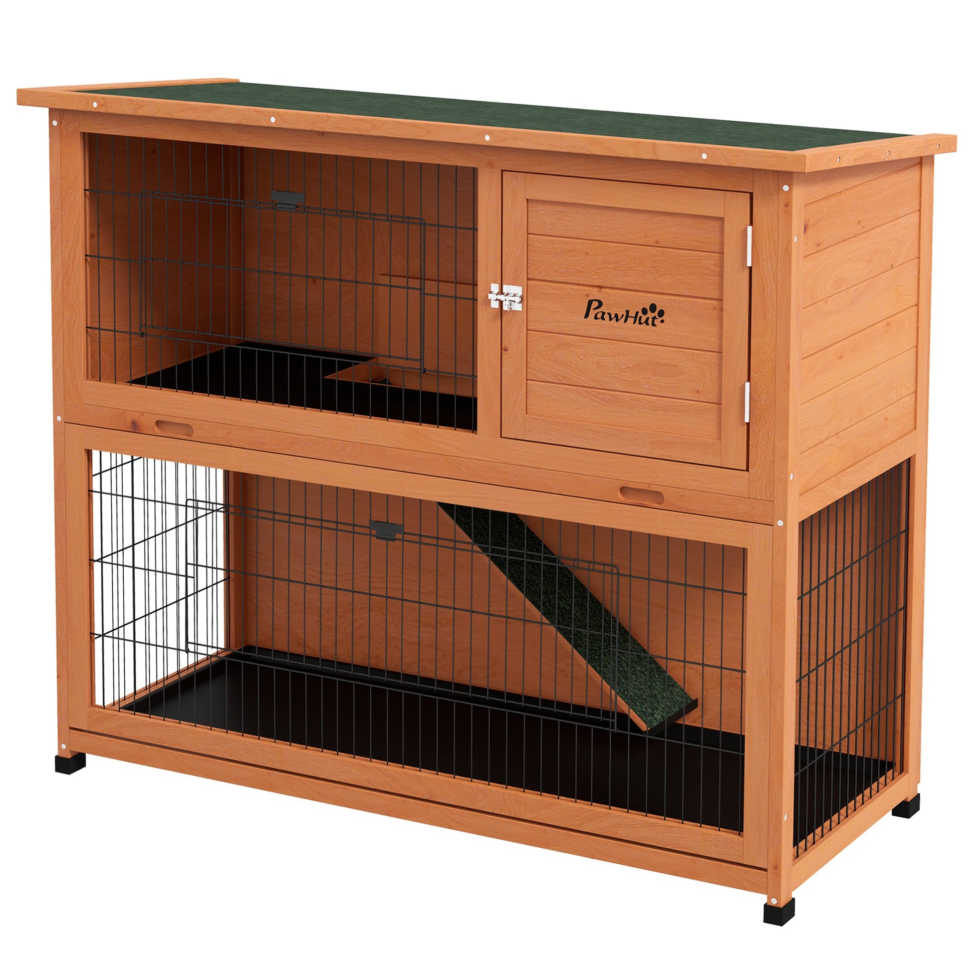 Wooden Rabbit Hutch with Trays, Ramp, Asphalt Roof, Doors for 1-2 Rabbits, 47" x 20" x 40", Orange at Gallery Canada