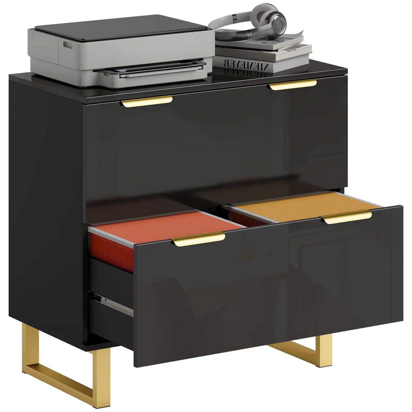 Lateral File Cabinet, 2 Drawers, Letter/A4/Legal Size, High Gloss Black Office Cabinets & Cupboards at Gallery Canada