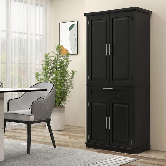 72" Kitchen Pantry Cabinet, 4-Door with Drawer, Adjustable Shelves, Black Kitchen Pantry Cabinets Black at Gallery Canada
