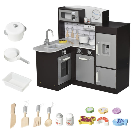 Black Kids Kitchen Play Cooking Toy Set for Children with Drinking Fountain, Microwave, and Fridge with Accessories, Dark Brown - Gallery Canada