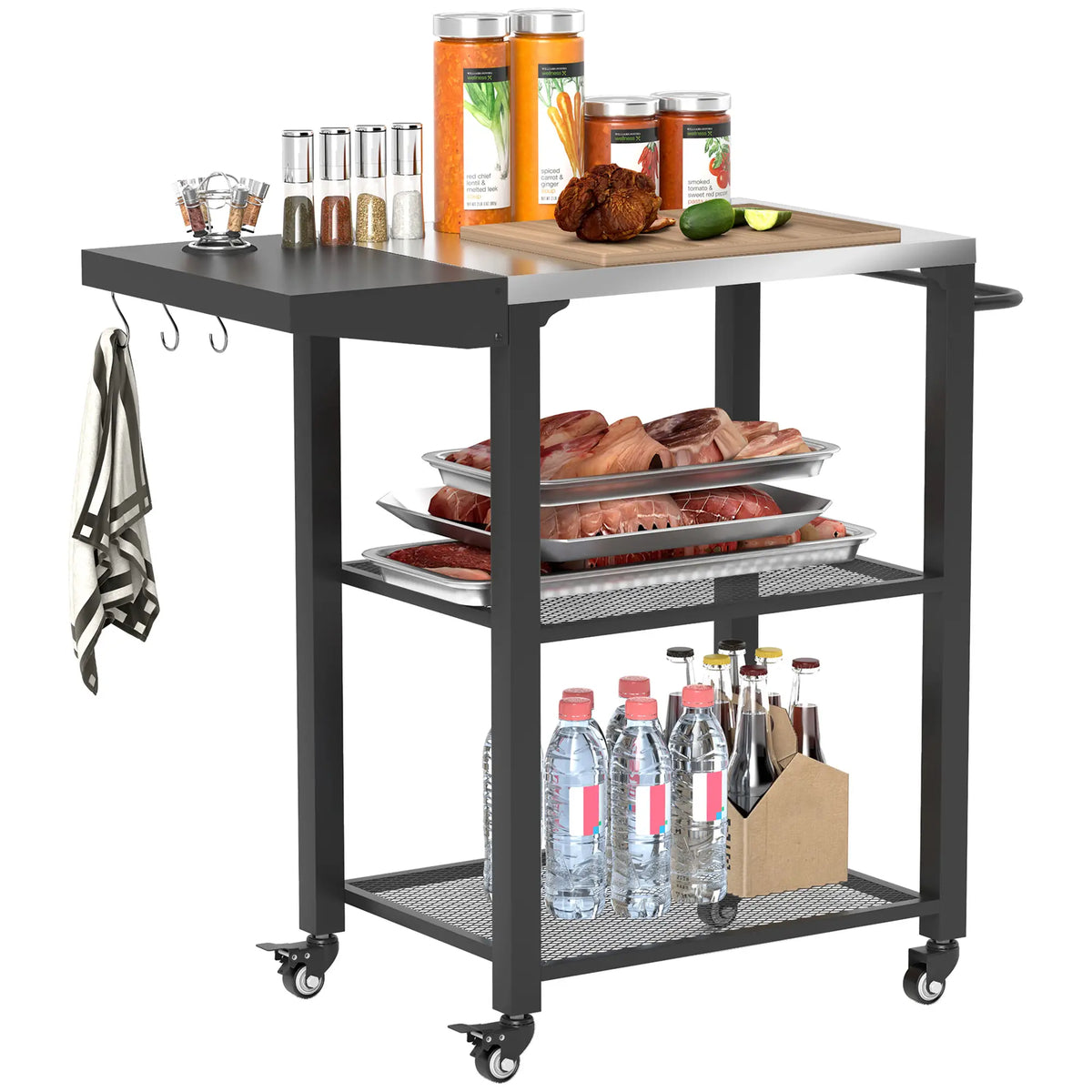 Outdoor Grill Cart With Foldable Side Table, 3-Tier Pizza Oven Stand