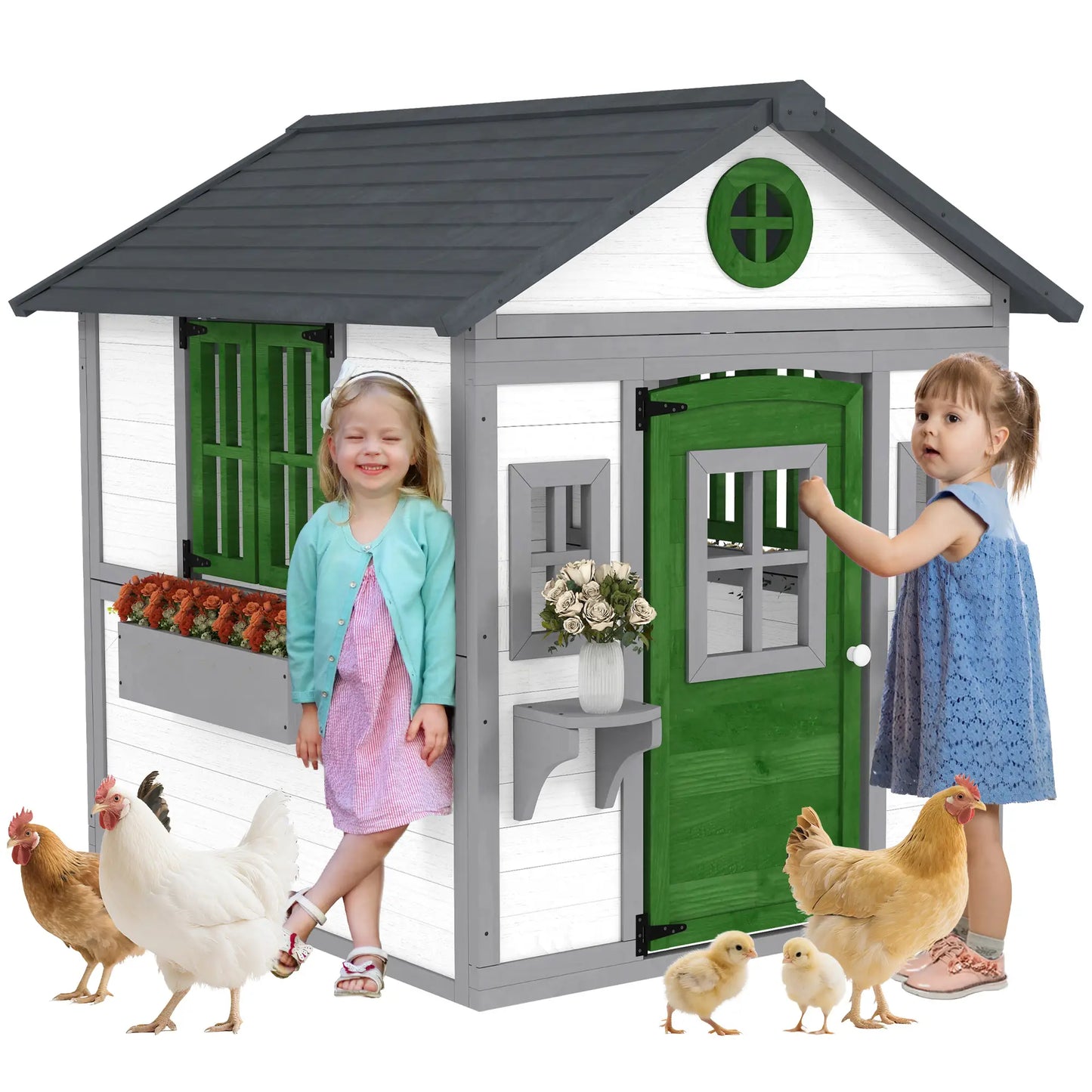 Wooden Playhouse With Door, Windows, Planter Pots, Boxes, White Play Houses at Gallery Canada