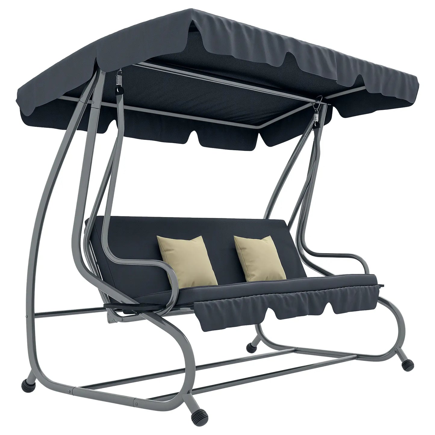 3-Seat Outdoor Swing Canopy Chair, Adjustable Shade, Cushions, Cup Holder, Dark Grey Patio Swings with Stand at Gallery Canada