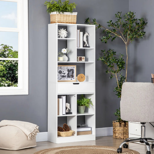 Tall Bookshelf with Drawer, Freestanding Bookcase, White White Bookshelves White at Gallery Canada