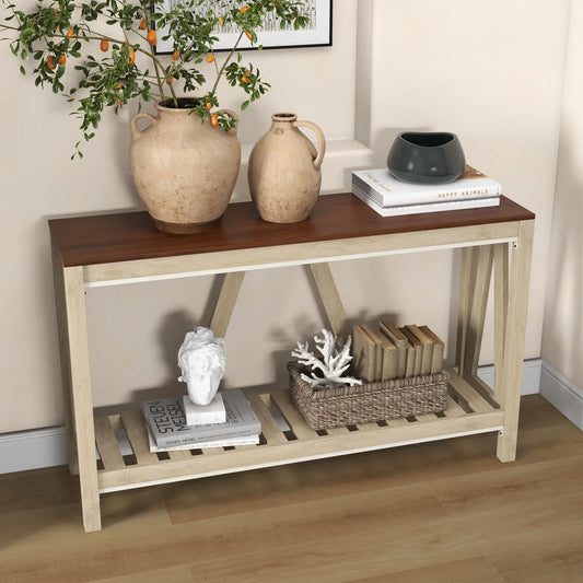 Farmhouse Console Table with Storage Shelf, Rustic Sofa Table, Oak Console Tables Oak, Dark Brown at Gallery Canada