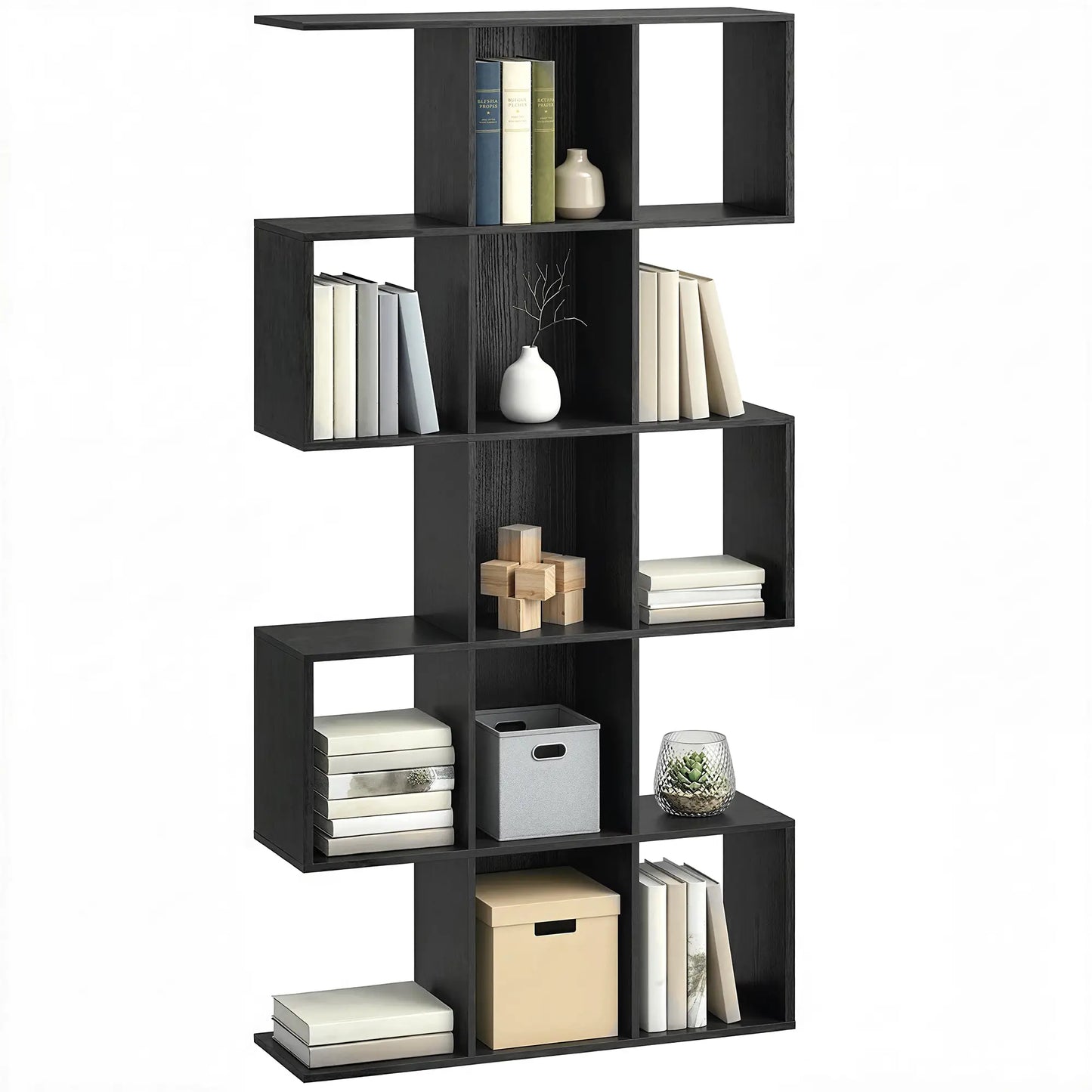 5-Tier S-Shaped Bookshelf, 15 Compartment Geometric Bookcase, Black Wood Grain, Black Display Bookshelves at Gallery Canada