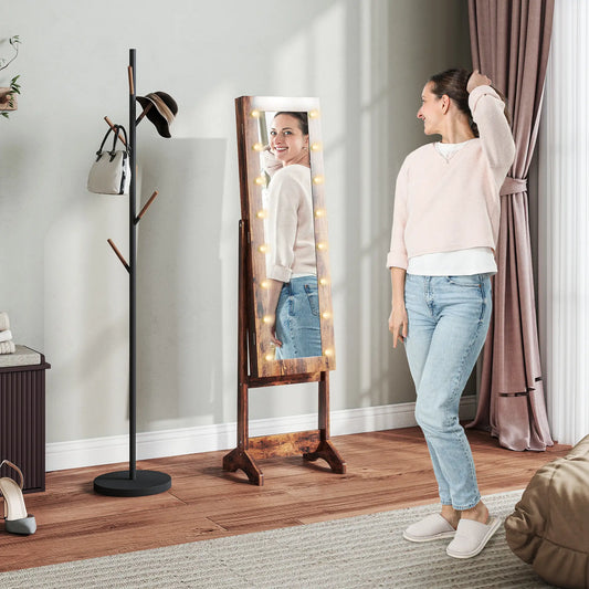 Free Standing Armoire Organizer, Lighted Mirrored Jewelry Cabinet, Angle Adjustable, 16 LED Lights, Rustic Brown, Brown Jewelry Armoire & Jewellery Mirror Cabinets Rustic Brown at Gallery Canada