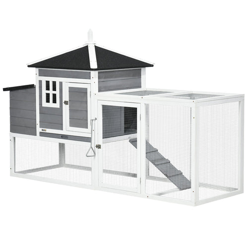 73 in Chicken Coop with Run, Wooden Hen House with Nesting Box, Removable Tray, Asphalt Roof, Ramp, Outdoor Poultry Cage, Gray
