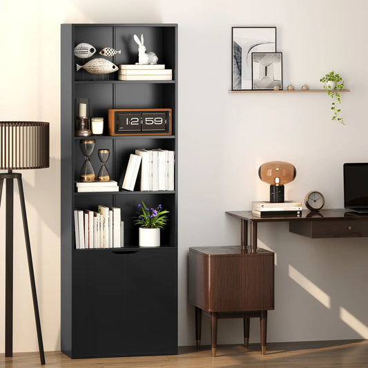 4-Tier Open Bookshelf with Doors, Home Office Storage, Black Bookcases With Doors Black at Gallery Canada