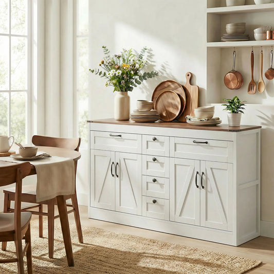 55" Sideboard Buffet Cabinet, Farmhouse Kitchen With Barn Doors, White Bar Cabinets White at Gallery Canada