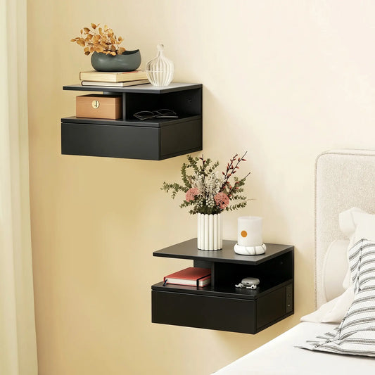 Floating Nightstand Set of 2, Wall Mounted Bedside Table with with Power Outlets, Drawer and Shelf, Black Bedside Tables Black at Gallery Canada