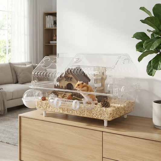 8 In 1 Hamster Cage With Accessories, 21.5" x 11.8" x 12.6" Hamster Cages Transparent, Natural Wood at Gallery Canada