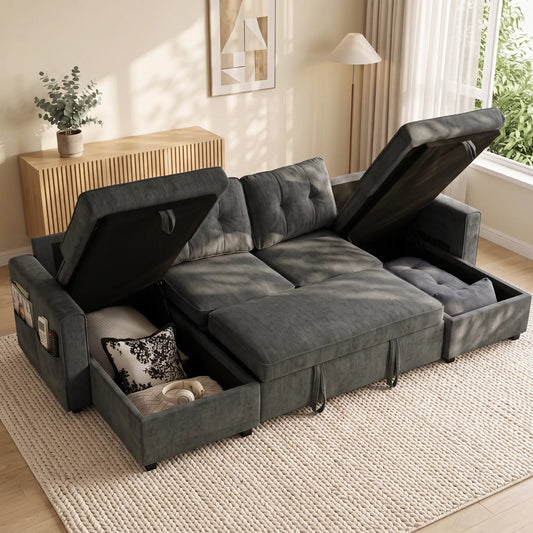 U Shaped Sectional Sofa Bed, 113" Pull Out Sleeper, Dark Grey 3-Seater Sofas Dark Grey at Gallery Canada