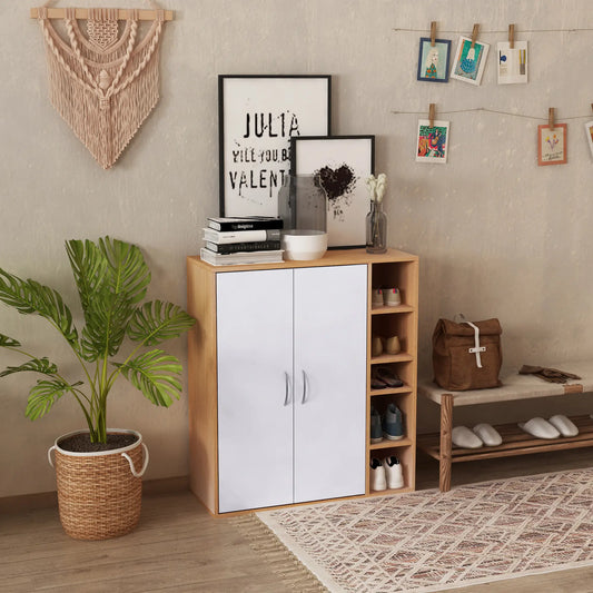 35.5" Shoe Cabinet, 3-Tier Adjustable Shelves, 5 Open Cubes, Natural Shoe Storage Cabinets & Racks Natural Wood Color, White at Gallery Canada