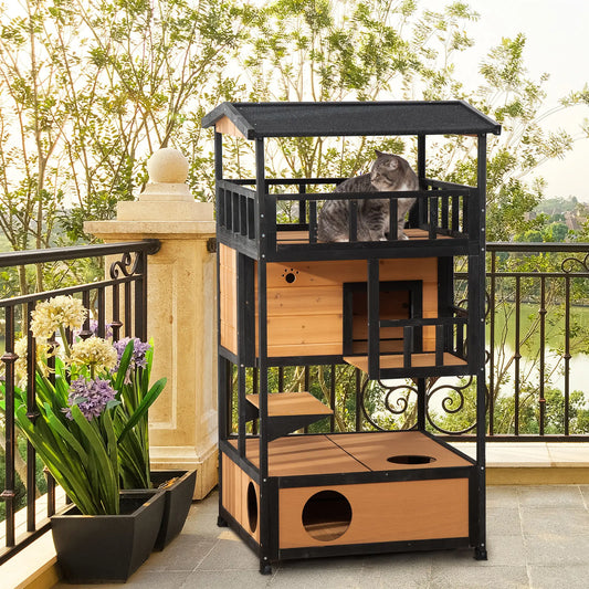 4-Floor Wood Outdoor Cat House, Condo, Fun Entrances, Perch, Natural Cat Houses Natural and Black at Gallery Canada