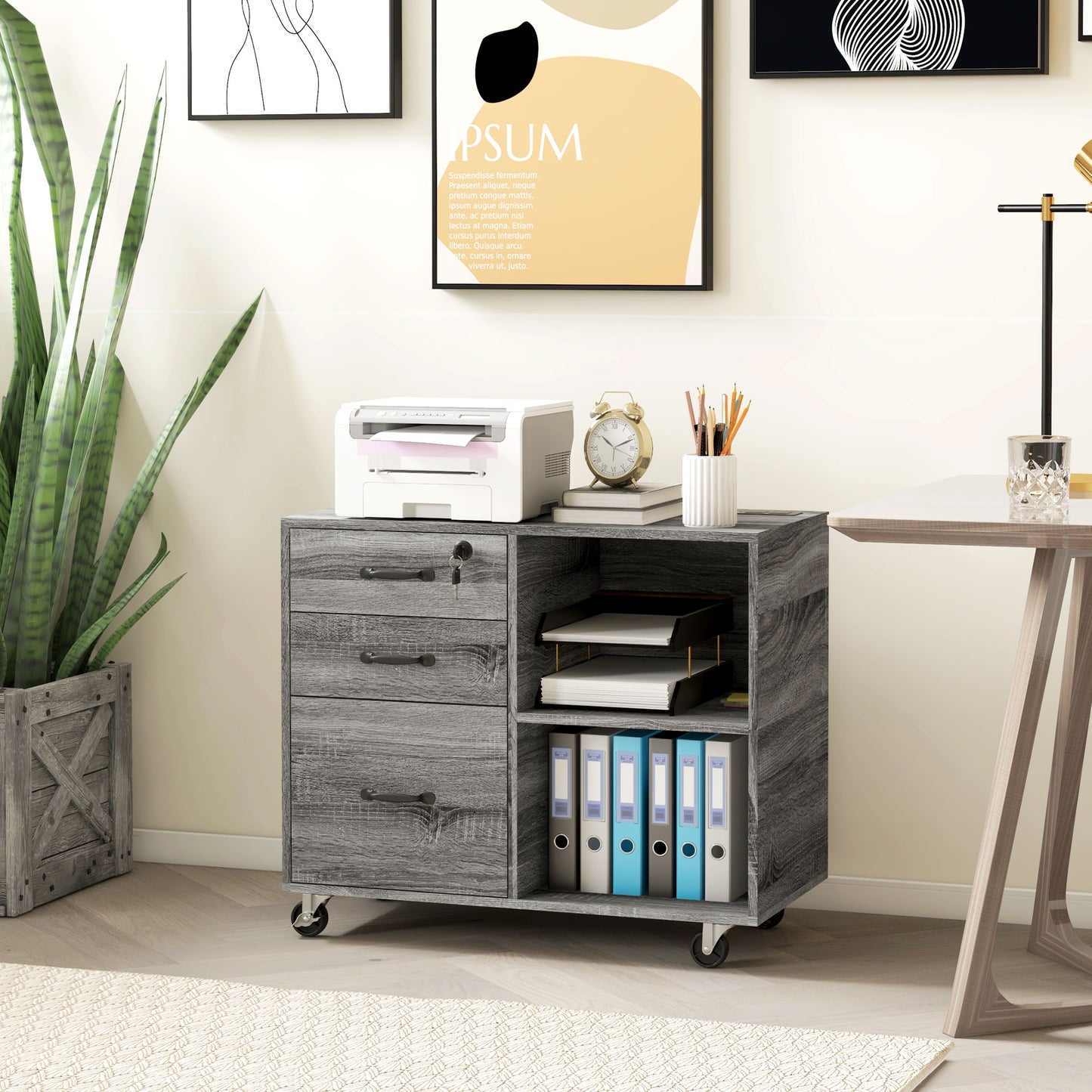 Mobile Printer Stand with Charging Station USB Ports Locking Filing Cabinet for A4 Letter Size Grey at Gallery Canada